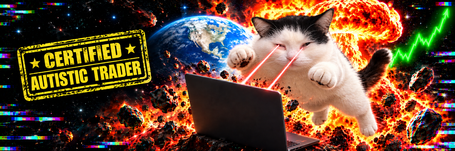 Certified Autistic Trader stamp, with the original dopey cat jumping at a laptop with red laser eyes and a nuclear explosion behind him.