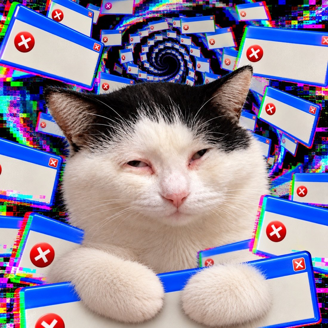 The cat surrounded by recursive blank computer error windows.