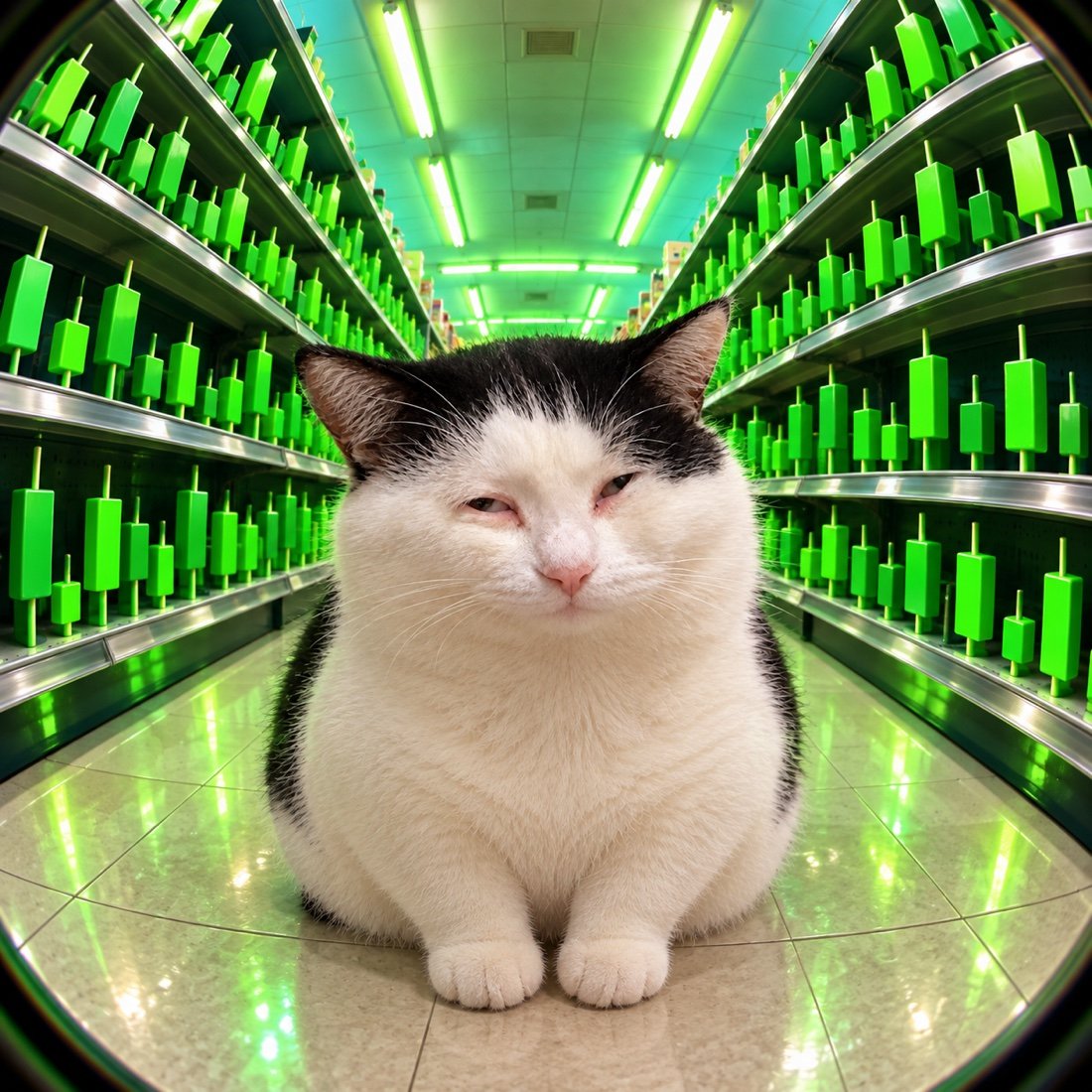 The cat shops in an absurd aisle of green candlestick charts.