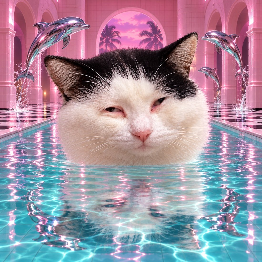 The cat's enormous head floats in a pink vaporwave pool.