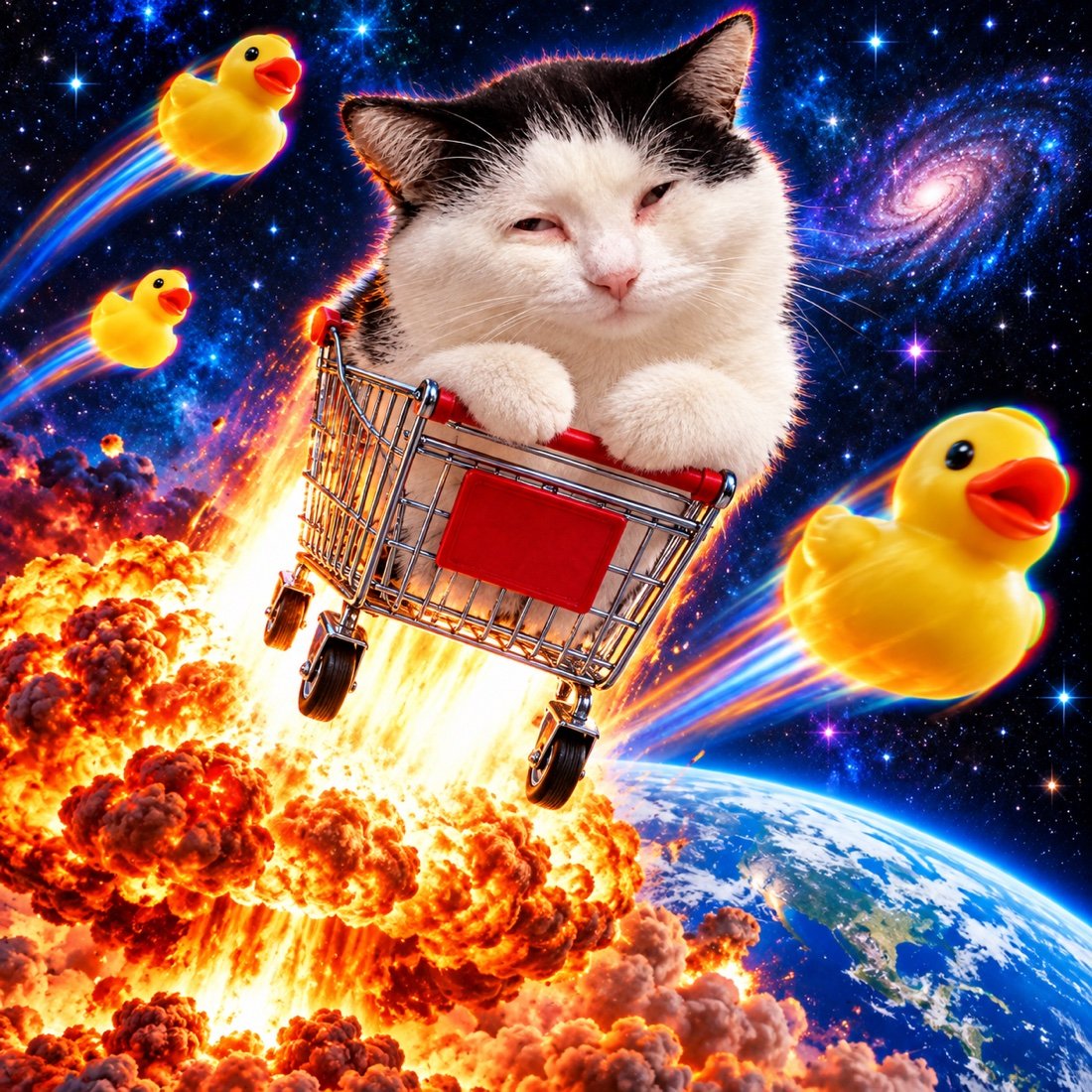 The cat launches into space in a shopping trolley with rubber ducks.
