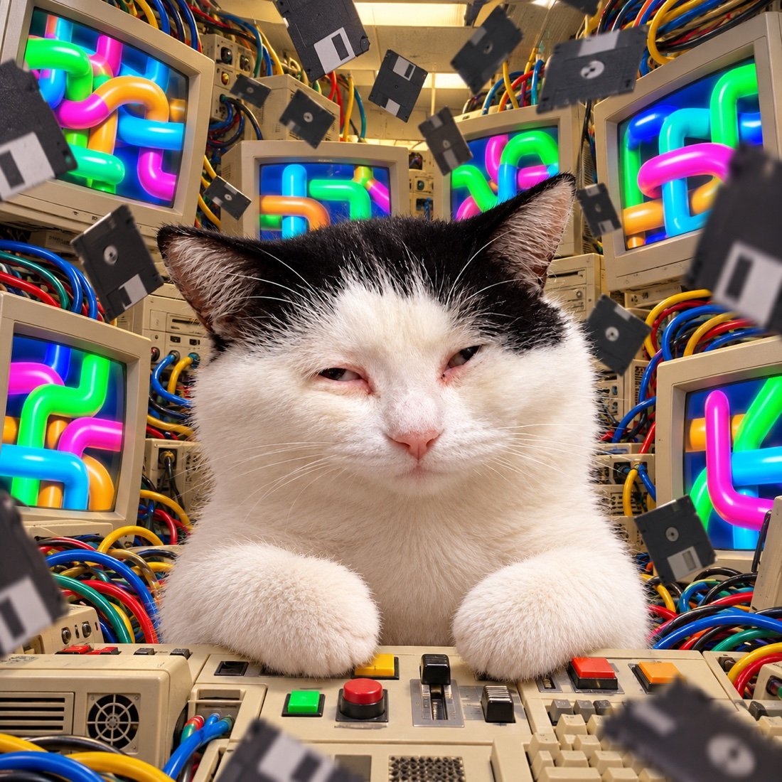 The sleepy cat surrounded by tangled cables, old computers and flying floppy disks.