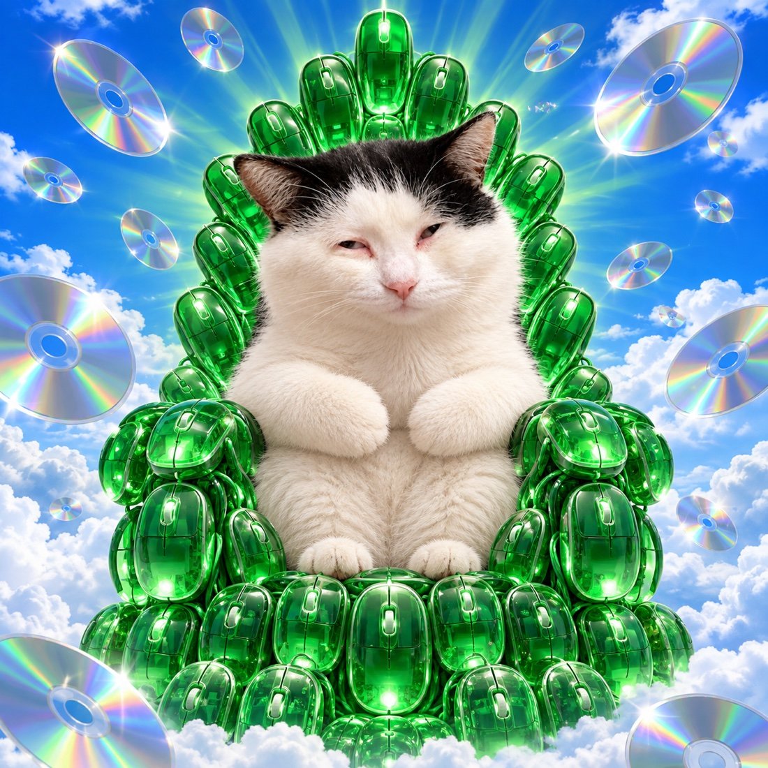 The cat sits on an emerald throne of computer mice.